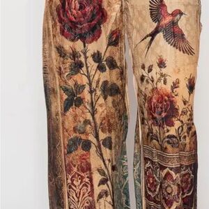 Origami Floral & Bird Print Wide-Leg Pants in Warm Tan